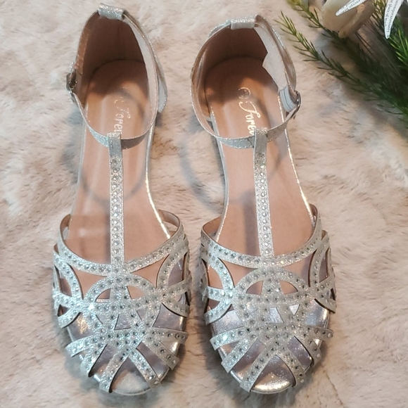 Silver shimmer vintage sparkly ankle strap ballet flats - Picture 2 of 3